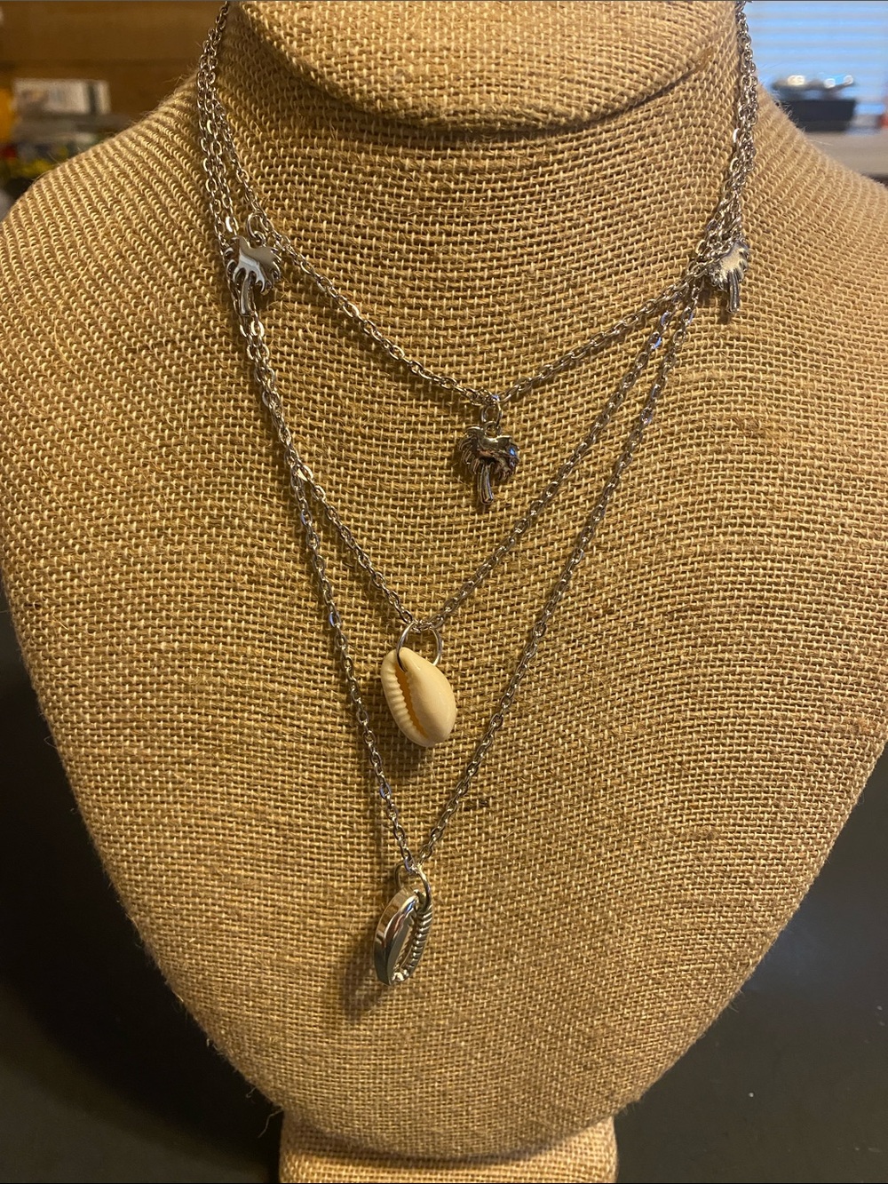 Layered Silver Shell Pendant Necklace with Cowrie Charm - White